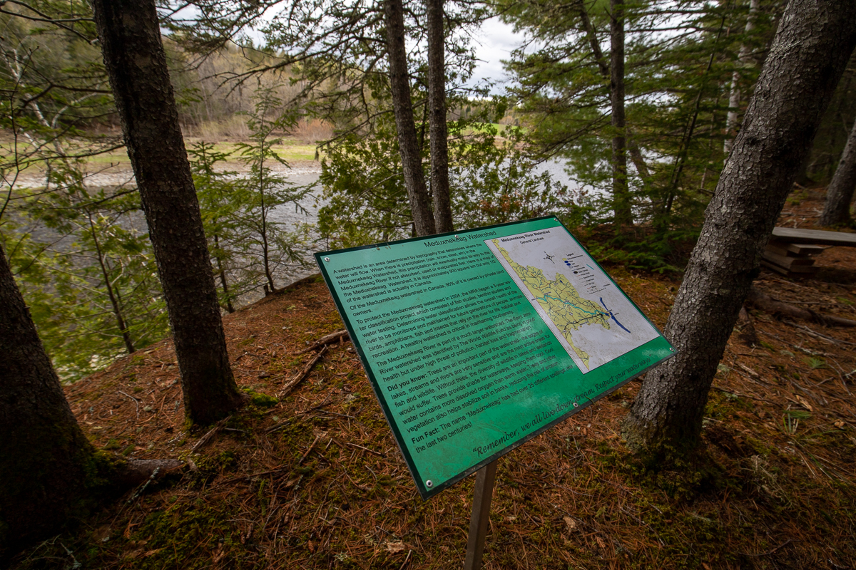 Meduxnekeag Watershed sign on the Gold Trail at Bell Flats in the Meduxnekeag Valley Nature Preserve